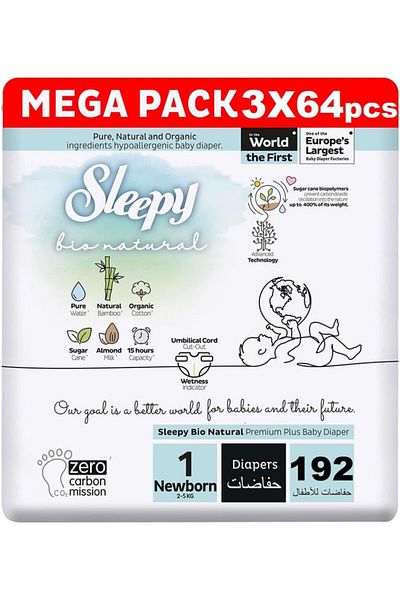 Sleepy Bio Natural Size 1 | 192 Count | 2-5Kg Diapers | Almond Milk | Vegan | 100% Leakproof