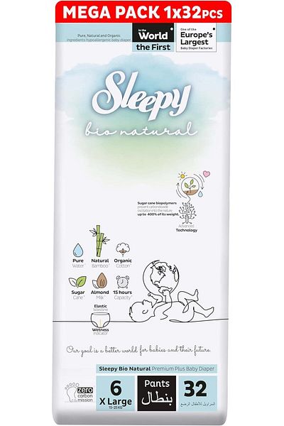 Sleepy Bio Natural Pants Size 6|62 Count|Organic|Comfort|Absorbent|Eco-Friendly|Hypoallergenic