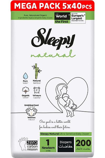 Sleepy Natural Size 1 | 200 Count | 2-5Kg Diapers | 5X40 Plant-Based Protection | 100% Dry