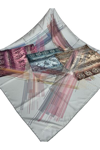 PİRAMİT EŞARPLARI 90cm X 90cm Gray Geometric Pyramid Pattern Scarf - Es-56