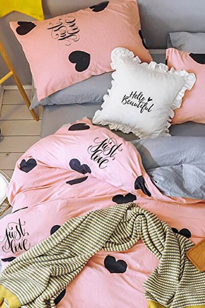 İQON Fitted Sheet Duvet Cover Set Double Just Love Salmon