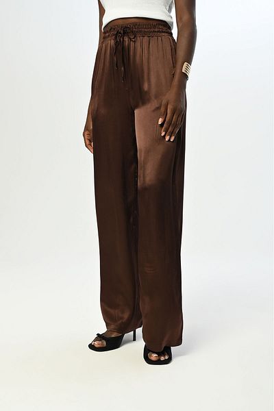 Orfeo Negro Satin Women's Trousers - Elastic Waist, Wide Leg, Solid Color