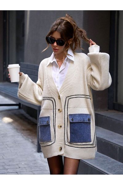 GND Embroidered Oversize Knitwear Cardigan - Denim Pocket Detail