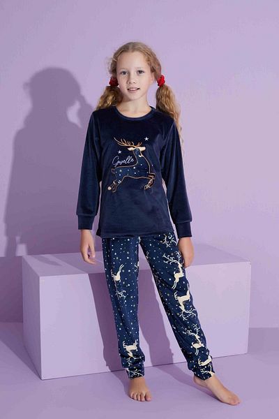 Tarık Children's Deer Patterned Long Sleeve French Velvet Fabric Winter Warm Pajamas Set