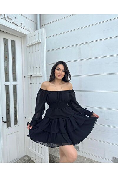 zoe star DÜŞÜK OMUZ ŞİFON BELİ LASTİKLİ VOLANLI ELBİSE
