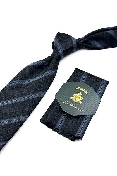 Kravatkolik Black Striped Classic Tie with Handkerchief - KK12620