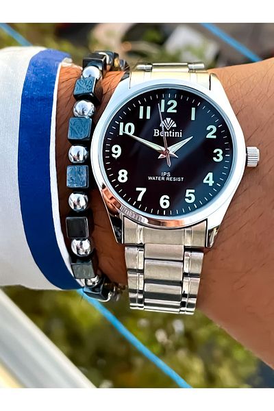 Bentini Thin Case Steel Men's Wrist Watch - 2 Years Warranty, Night Vision Bracelet Gift