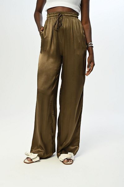 Orfeo Negro Satin Women's Trousers - Elastic Waist, Wide Leg, Solid Color