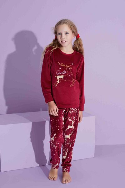 Tarık French Velvet Winter Pajamas Set - Deer Print, Long Sleeve, Warm 277