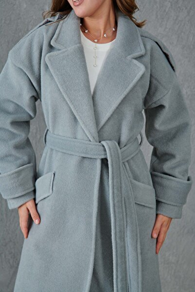 vuvutasarım Gray Midi Coat - Double Breasted Collar, Belted, Long Sleeve, Lined 9002