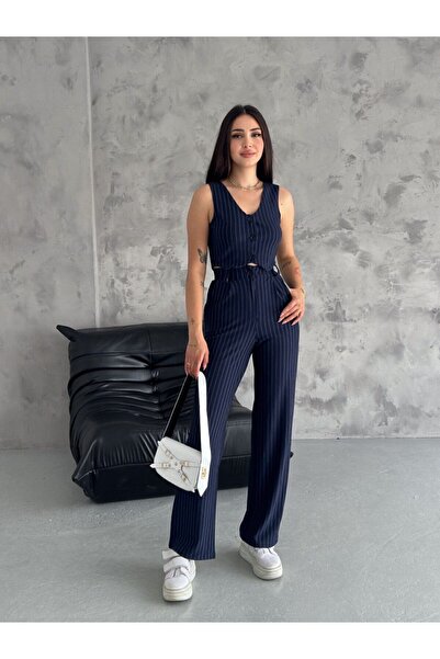 Siyah Kadınlar Women's Navy Blue Palazzo Trousers Buttoned Short Crop Vest Double Striped Set
