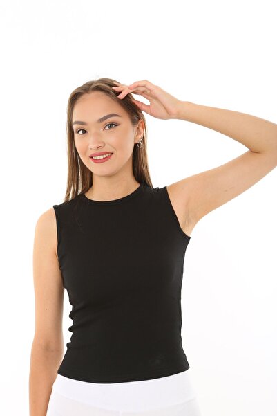 CHEISU Kadın Siyah Sıfır Kol Bisiklet Yaka T-shirt Bluz Body Atlet Fitilli Kaşkorse