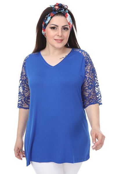 HÜLYA BUTİK Saks Blue V-Neck Sleeve Laced Blouse
