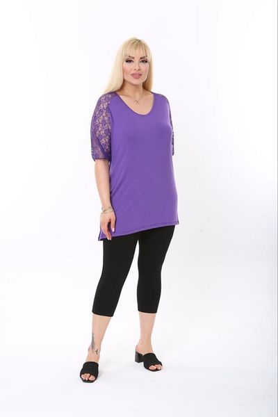 HÜLYA BUTİK Purple Sleeve Lace Detailed V-Neck Blouse