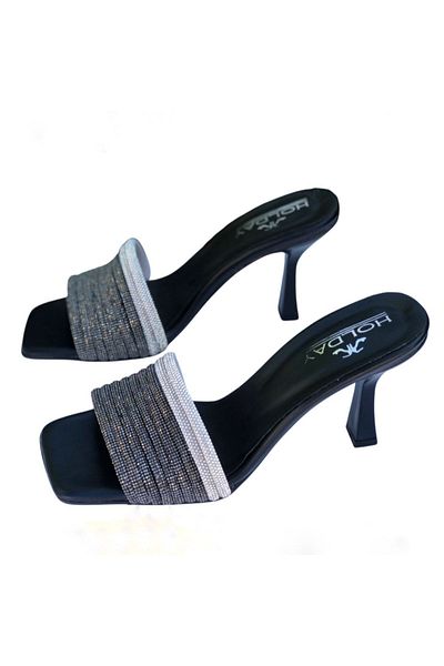 Holdays Platinum and Silver Stone Detailed Square Mold Stone Slippers 7 cm Heel