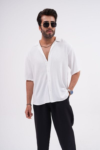 SKYMOOD Cămașă albă cu mânecă scurtă texturată de vară oversize pentru bărbați