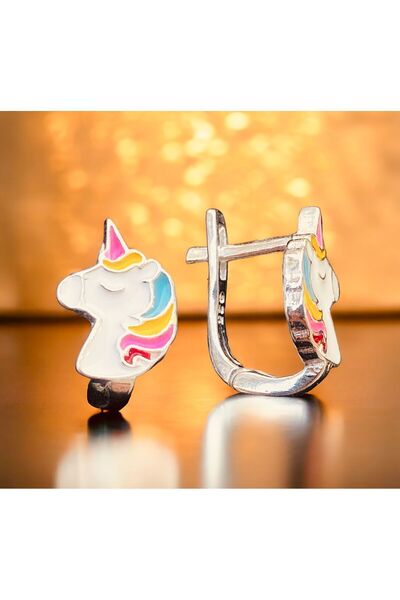 Rachel Silver 925 Ayar Gümüş Unicorn Model Renkli Mineli Rodyumlu Şirin Çocuk Küpesi