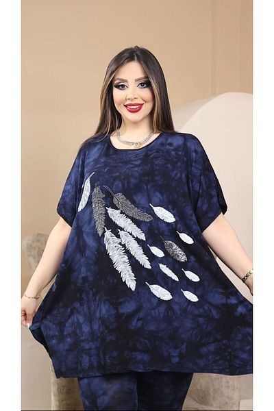 HÜLYA BUTİK Plus Size Feather Patterned Batik Loose Blouse
