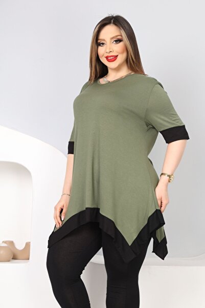 HÜLYA BUTİK Γυναικεία Ασύμμετρη Μπλούζα Χακί Πράσινη Φούστα με Μαύρη Ρίγα