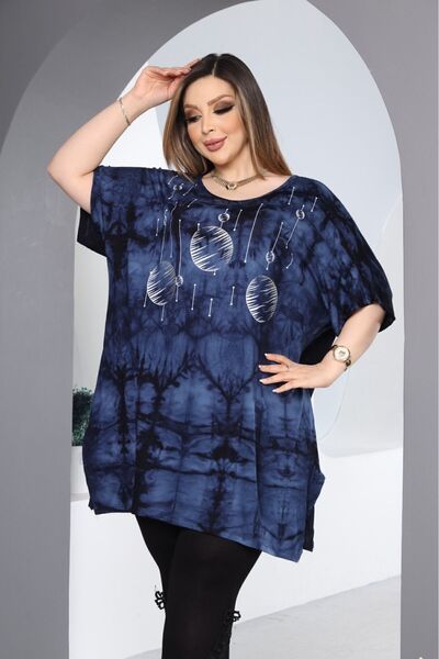 HÜLYA BUTİK WOMEN'S DARK BLUE BOTTY PATTERNED SLIT BLUZ