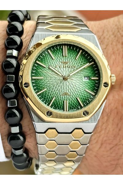 FERRO Men's Wristwatch and Bracelet Rosary - Gold Yellow, Steel Cord