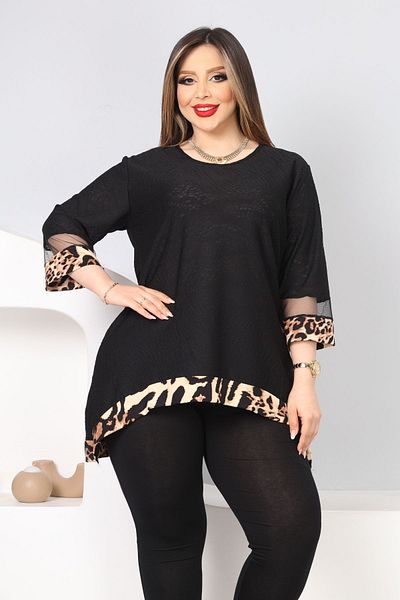 HÜLYA BUTİK BLACK LARGE SIZE SKIRT LEOPARD STRIP ASYMMETRIC SLEEVE TOWEL DETAILED BLUZ