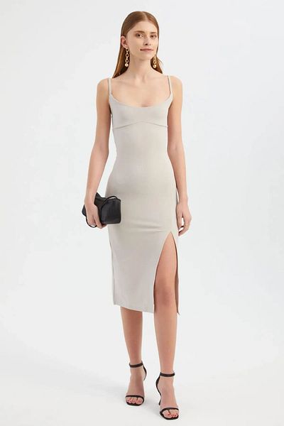 Hiccup V Neck Midi Bodycon Outfit - Πλαϊνό σχιστό και λουράκι