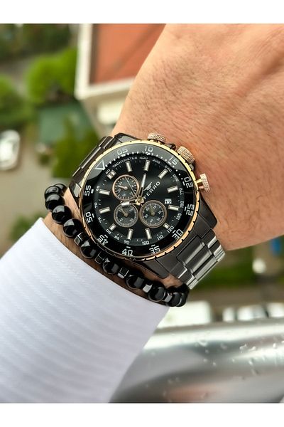 FERRO Black Color - Functional Special Design Men's Wristwatch and Bracelet Rosary