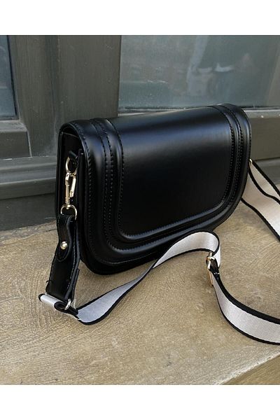 Tina Patent Leather Bag with Canvas Strap Black