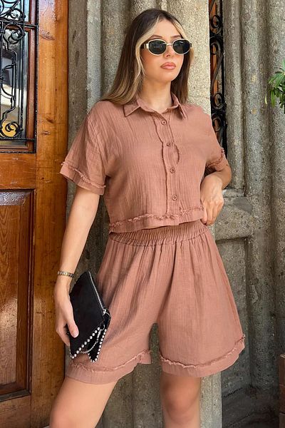 GÜLSELİ Coffee Shirt and Shorts Set for Women