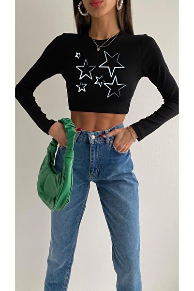 Bengi Clothing Black Printed - Crew Neck Long Sleeve Ribbed Crop Blouse