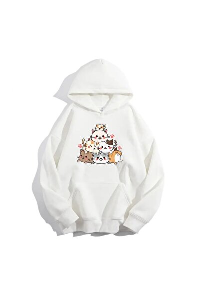 FECCY White Digital Cat Printed Unisex Oversize Hooded Cotton Sweatshirt