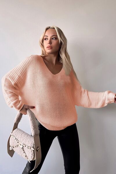 bacc سترة شتوية نسائية محبوكة برقبة على شكل حرف V بلون مسحوق - Bc231019