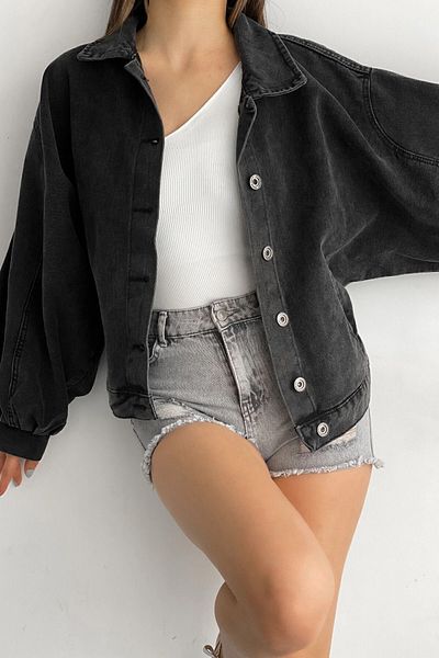 bacc Women's Anthracite Double Pocket Balloon Sleeve Oversize Denim Jean Jacket Bcdf- 235402