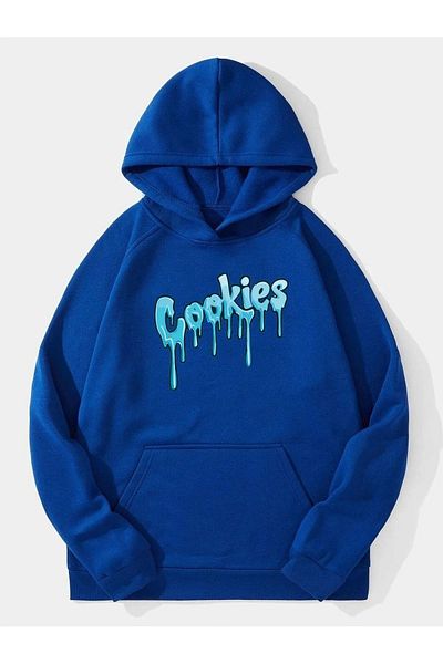 FECCY Blue Digital Cookies Printed Unisex Oversize Hooded Cotton Sweatshirt