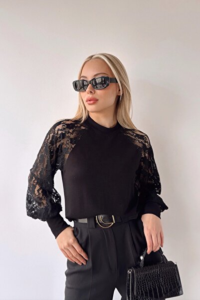 bacc Μαύρη δαντέλα Λεπτομερής Άνετη Γυναικεία Μπλούζα - Crew Neck Bc 231048