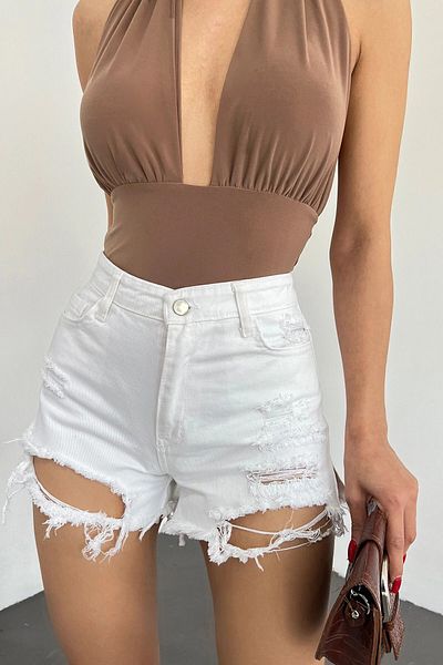 bacc Pantaloni scurți mini din denim, albi, lavabili, rupti cu laser Bcdf- 233301