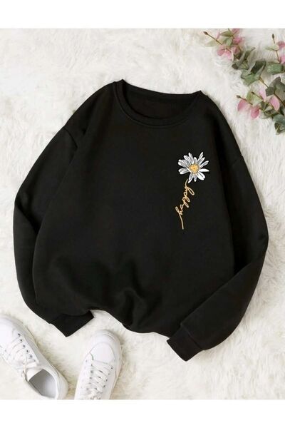 FECCY Hanorac negru oversize pentru femei, cu imprimeu margarete - Decolteu t...