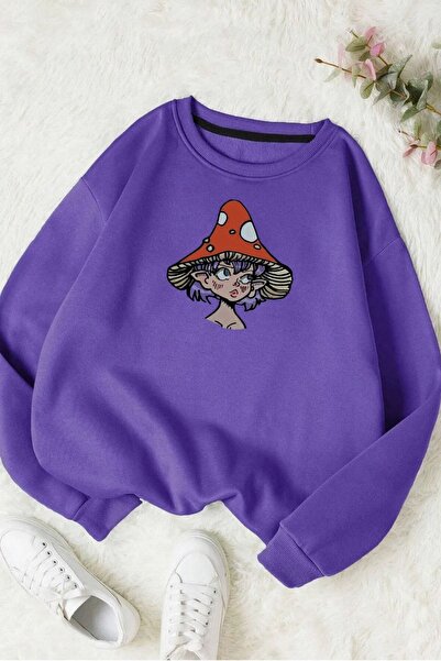 FECCY Hanorac din bumbac oversize unisex cu imprimeu digital Purple Mushroom ...
