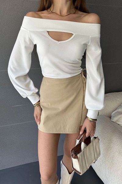 bacc Women's White Boat Neck Low-Cut Detail Sleeve Cuffed Blouse Bcdf- 242110