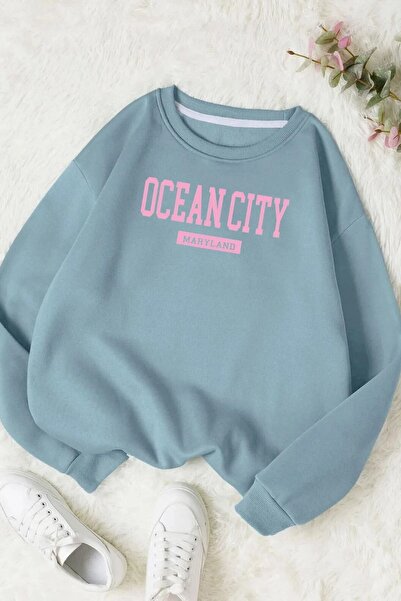 FECCY Unisex Φούτερ με στάμπα Ocean City, Baby Blue, από βαμβάκι, Oversize - ...
