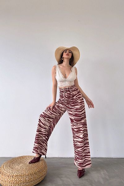 bacc Brown Patterned - Rubber Waist Wrap Women's Trousers Bcdf-241104
