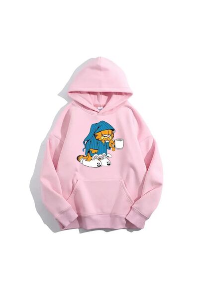 FECCY Unisex Kadın/Erkek Pembe Dijital Garfield Baskılı Oversize Kapüşonlu Pa...
