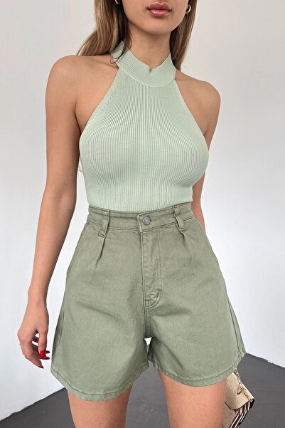 bacc Kadın Haki Çift Cepli Pileli Mini Denim Şort Bcdf-233302