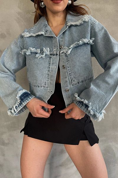 bacc Jachetă de jeans pentru femei, albastră, cu ciucuri, spălată, cu potrivire relaxată Bcdf- 245412