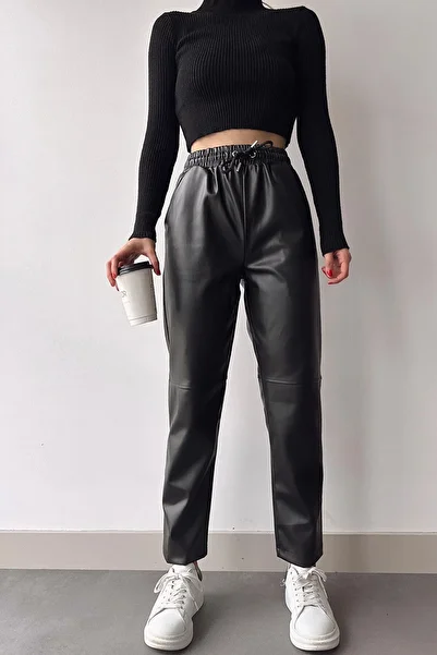 bacc Black Faux Leather Joger Pants - Comfortable Cut, Elastic Waist, Split Bc231025