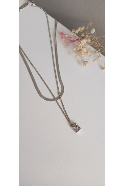 Feride Steel Necklace for Women Italian Baguette Stone Double Necklace 316L Does Not Tarnish Does Not Lose Color 45 cm Anti-Allergic