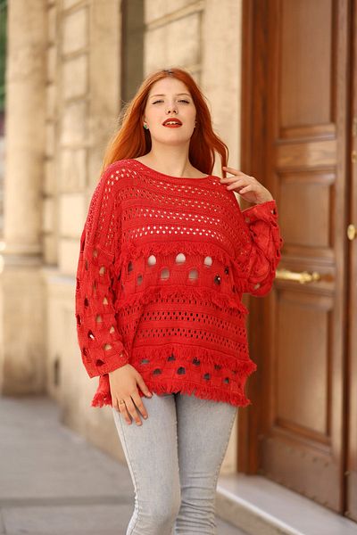 AYASOFYA OTANTIK Red Oversize Cotton Knitwear Blouse - Round Neck and Loose Vintage