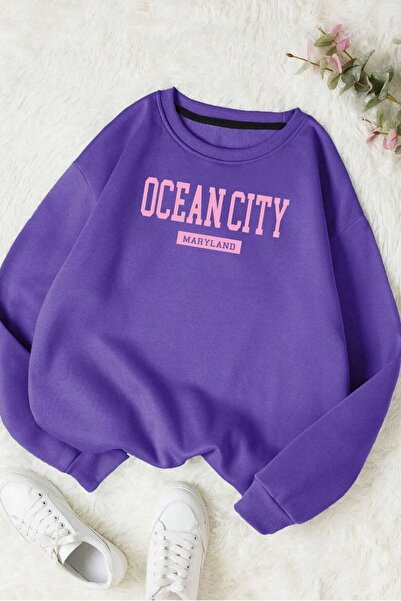 FECCY Hanorac din bumbac oversize unisex cu imprimeu Purple Ocean City - Deco...