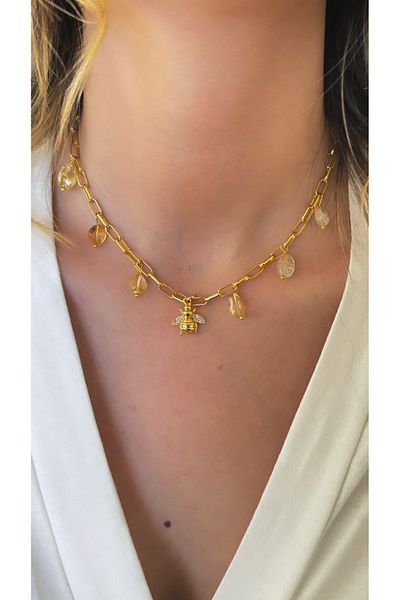 jewine studio Natural Citrine Stone Abundance Magnet - Luck and Blessings Design Steel Necklace with Bee Figure